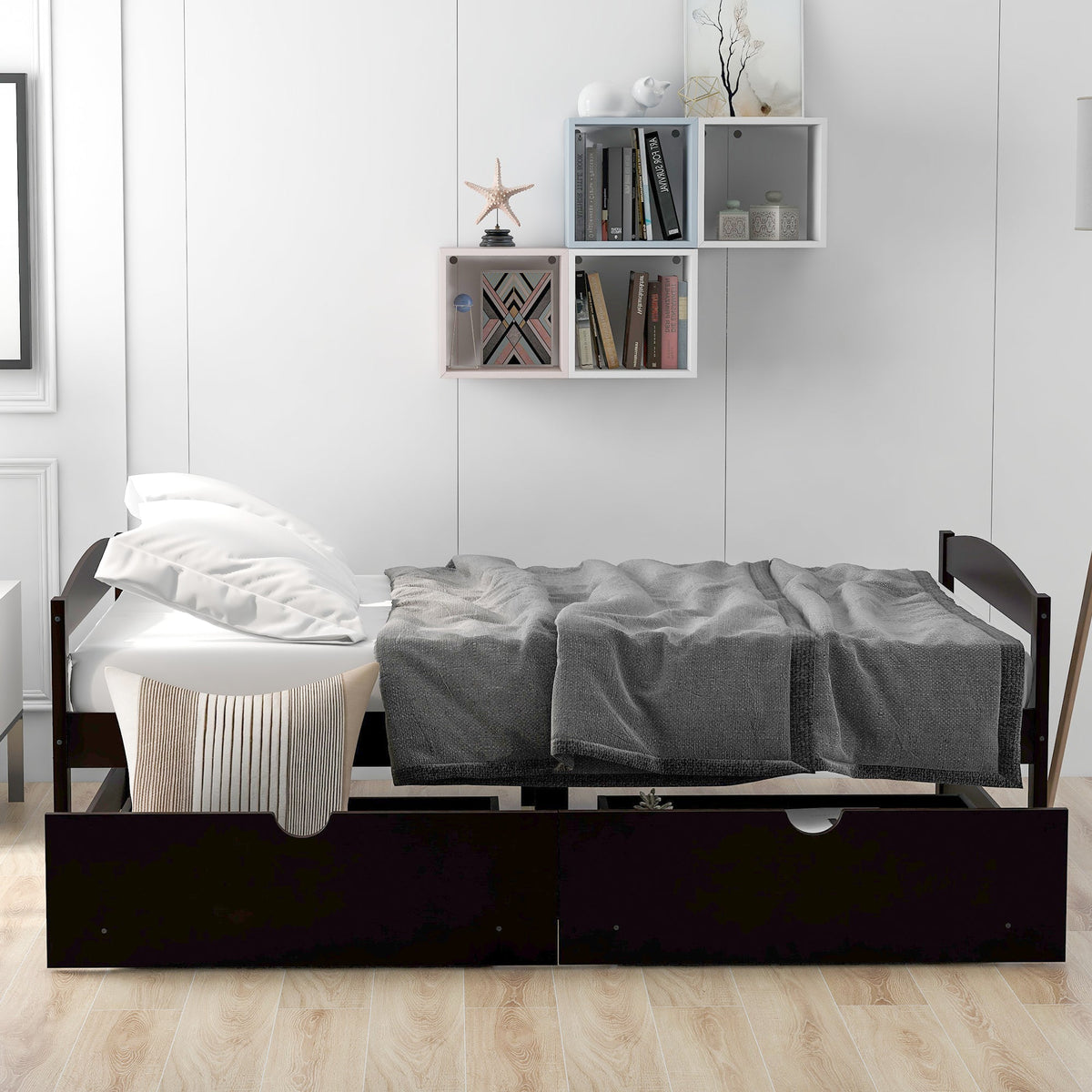 Twin Platform Bed with Drawers, Espresso Wood Frame