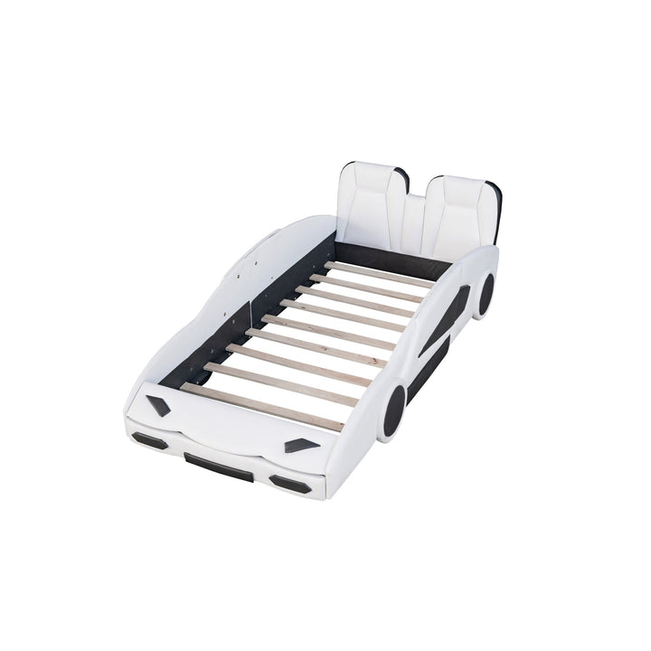 Twin Race Car Platform Bed for Kids, White Faux Leather