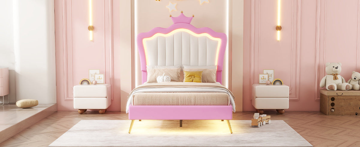 Princess Twin Bed Frame with Crown Headboard and LED Glow