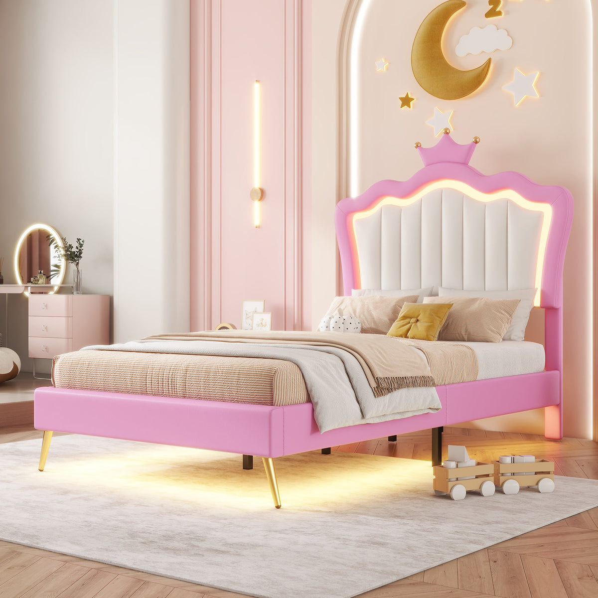 Princess Twin Bed Frame with Crown Headboard and LED Glow
