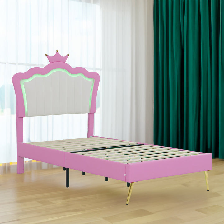 Princess Twin Bed Frame with Crown Headboard and LED Glow