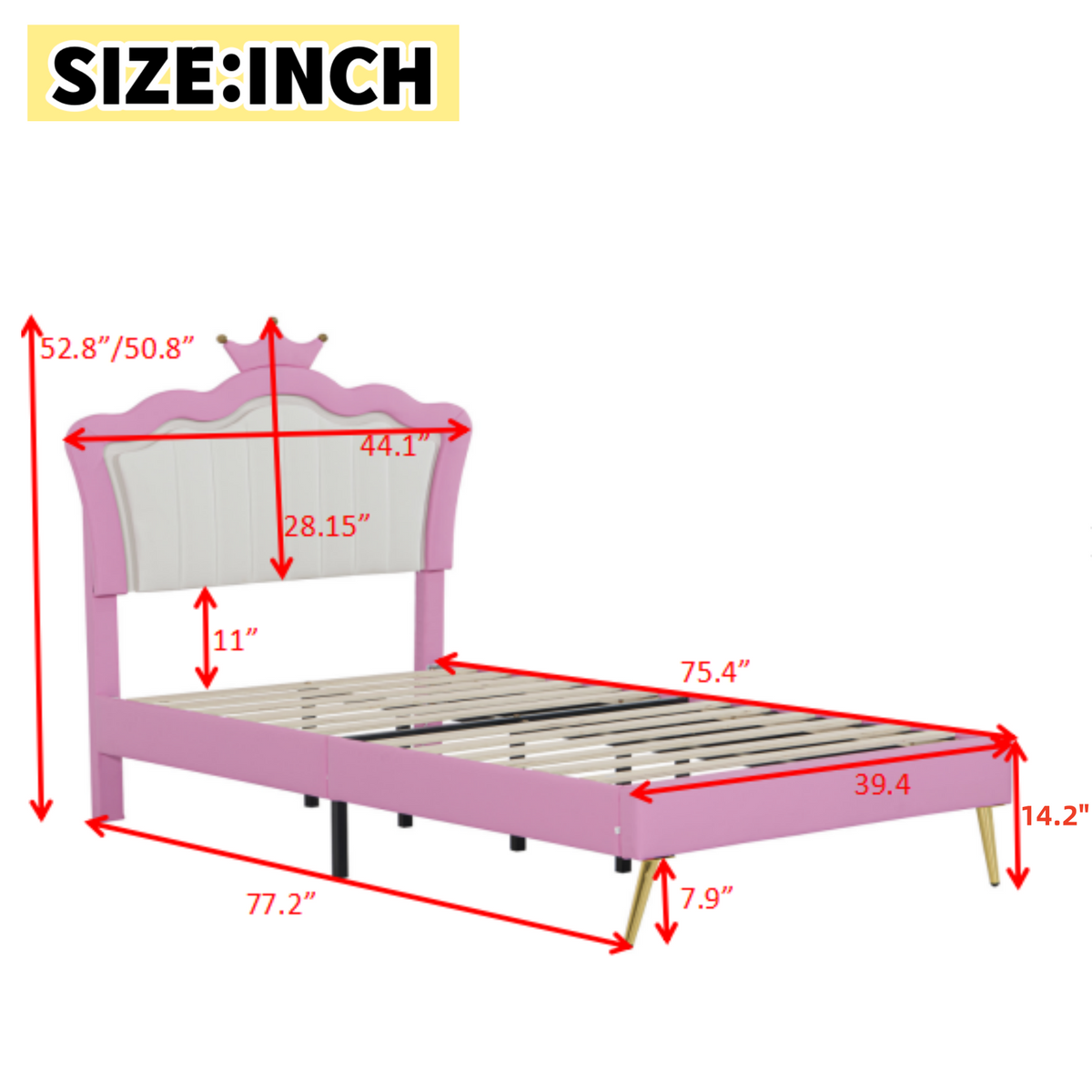 Princess Twin Bed Frame with Crown Headboard and LED Glow