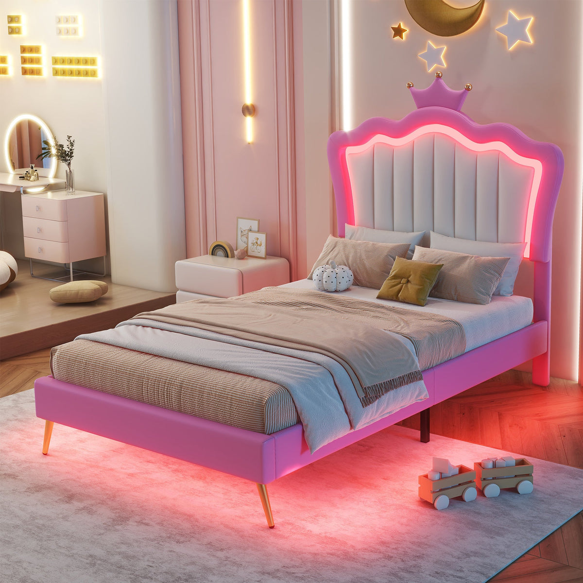 Princess Twin Bed Frame with Crown Headboard and LED Glow