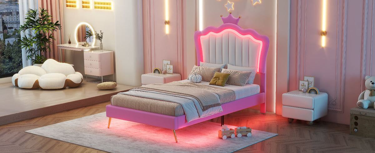 Princess Twin Bed Frame with Crown Headboard and LED Glow