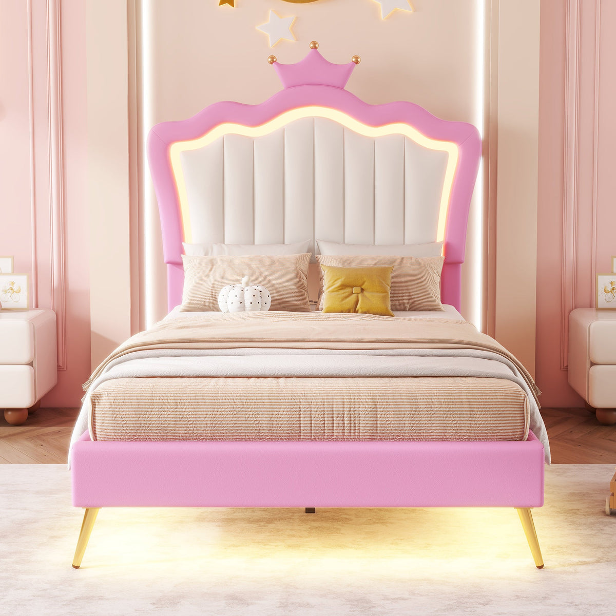 Princess Twin Bed Frame with Crown Headboard and LED Glow
