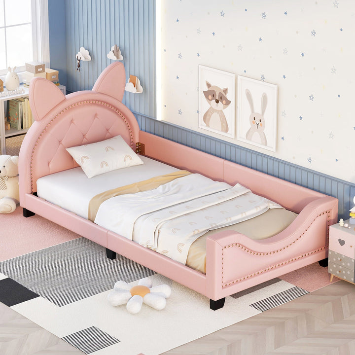 Kids Pink Twin Daybed with Cat-Ear Tufted Headboard