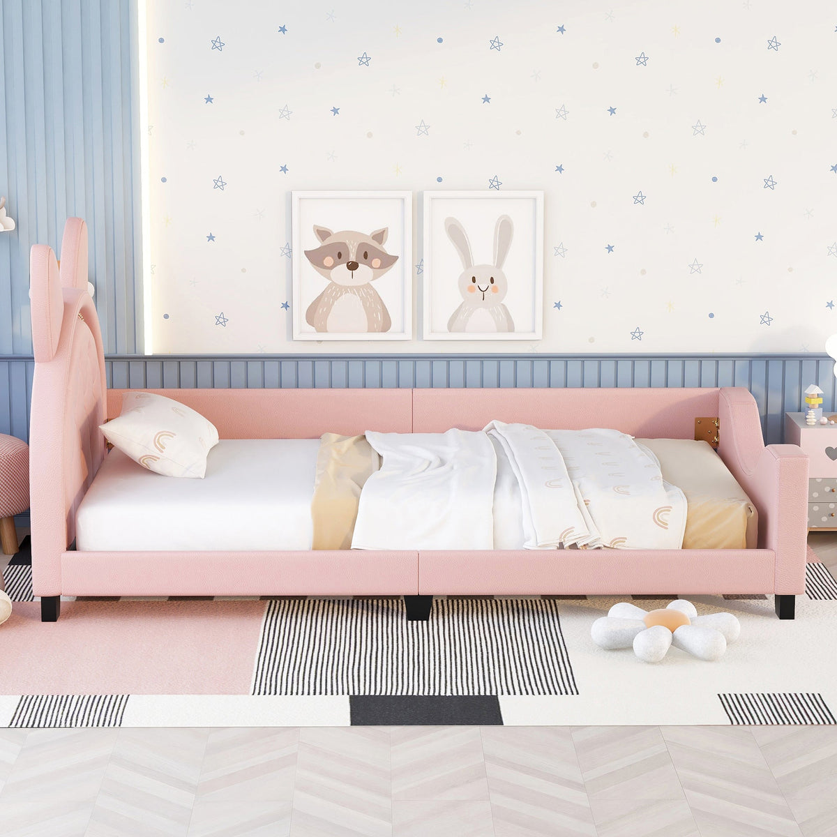 Kids Pink Twin Daybed with Cat-Ear Tufted Headboard