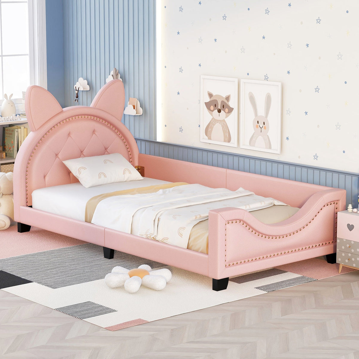 Kids Pink Twin Daybed with Cat-Ear Tufted Headboard