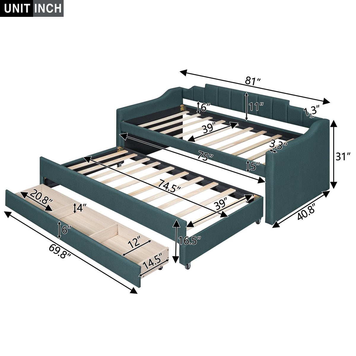 Twin Daybed with Trundle, Upholstered Teal Guest Bed
