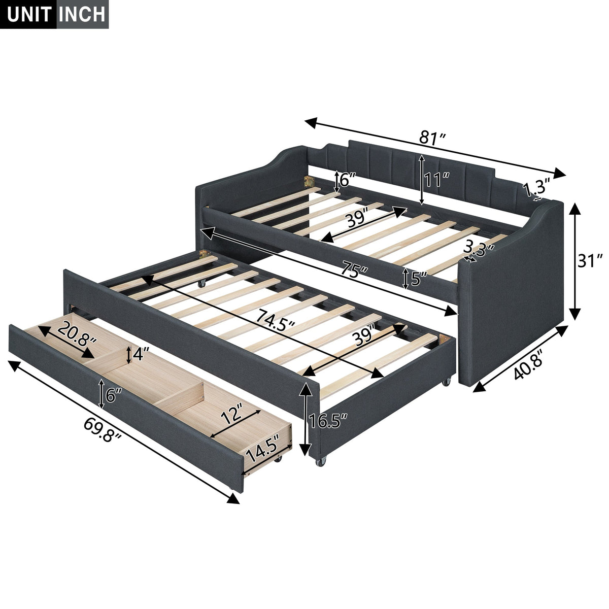 Twin Daybed with Trundle and Storage Drawers, Grey