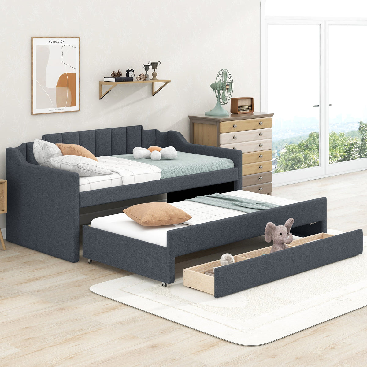 Twin Daybed with Trundle and Storage Drawers, Grey