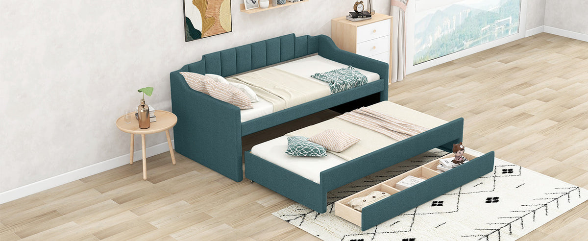 Twin Daybed with Trundle, Upholstered Teal Guest Bed