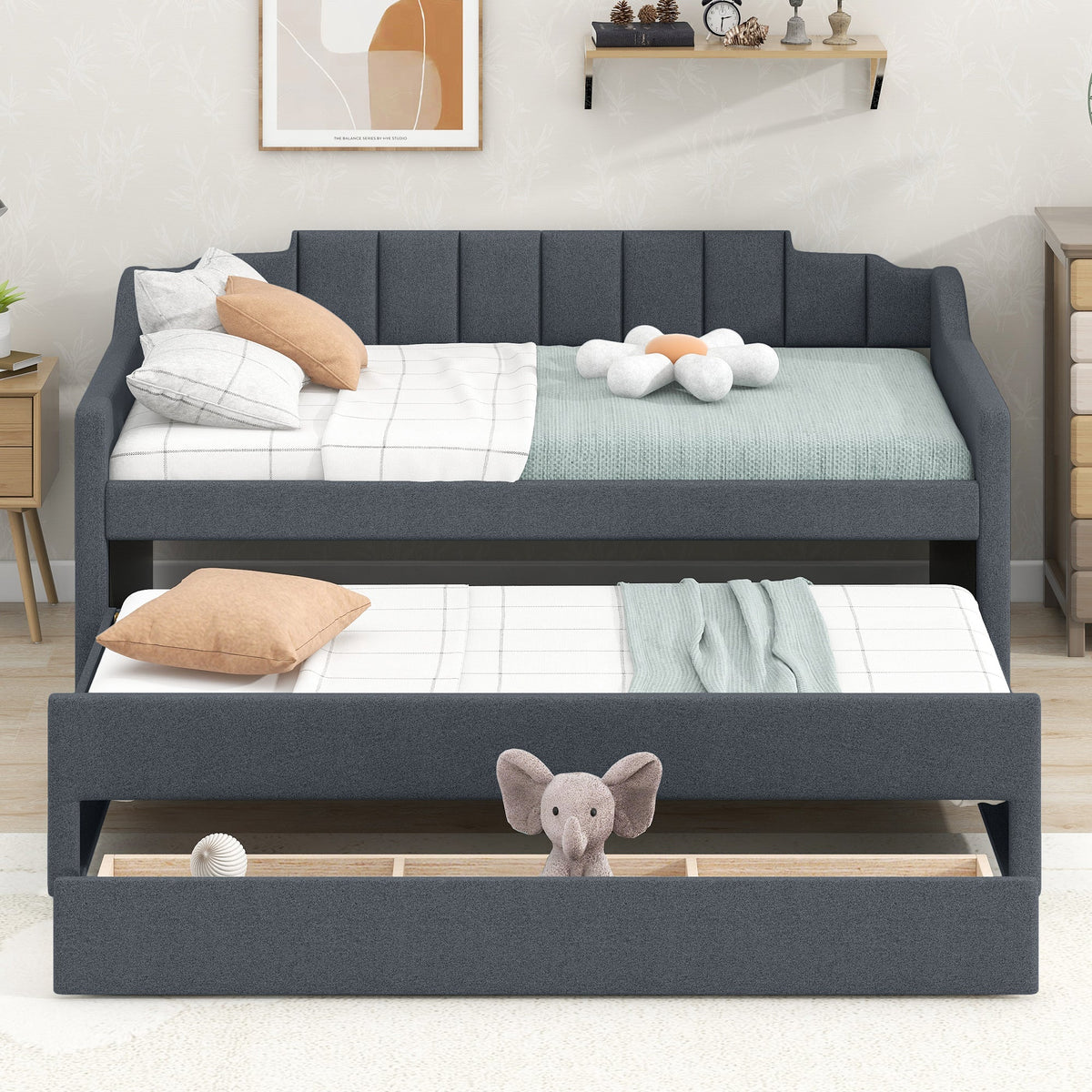 Twin Daybed with Trundle and Storage Drawers, Grey