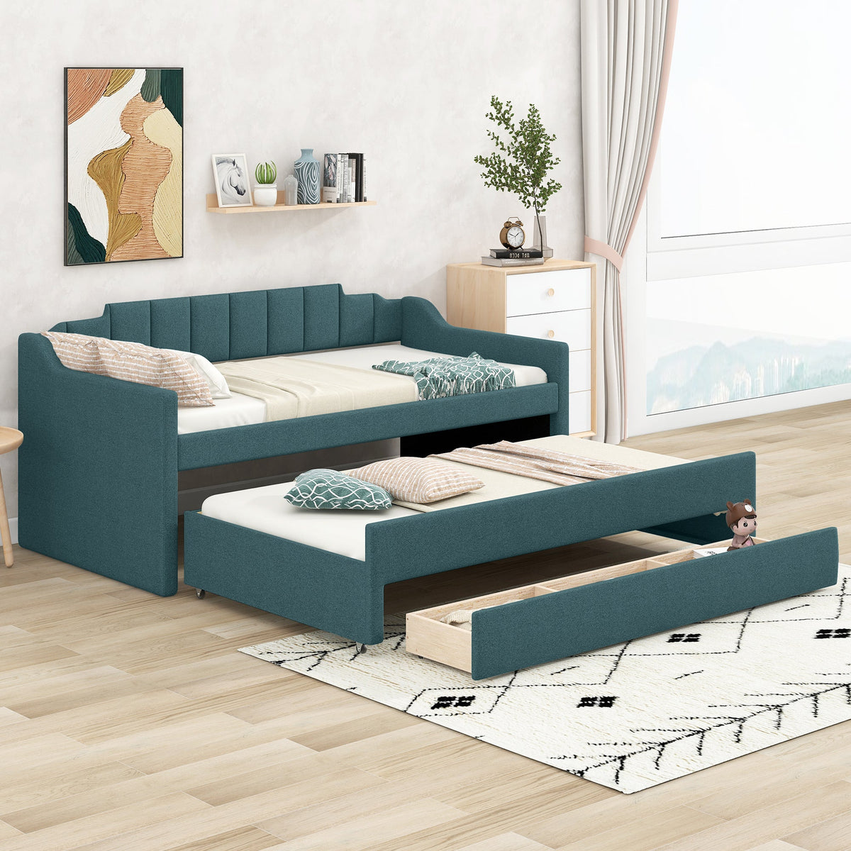Twin Daybed with Trundle, Upholstered Teal Guest Bed