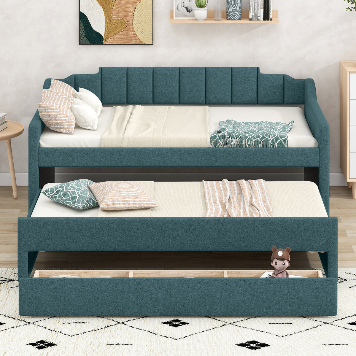 Twin Daybed with Trundle, Upholstered Teal Guest Bed