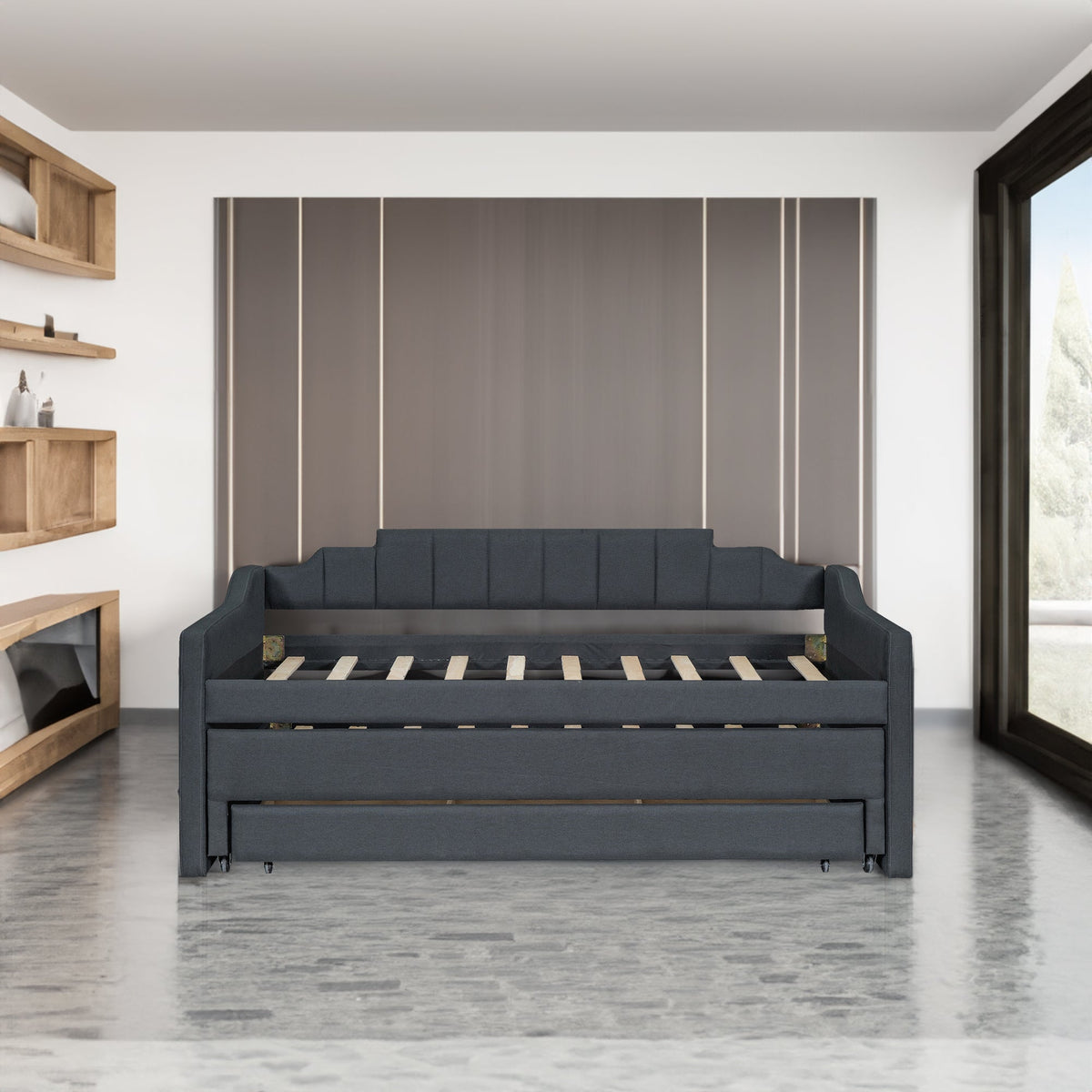 Twin Daybed with Trundle and Storage Drawers, Grey