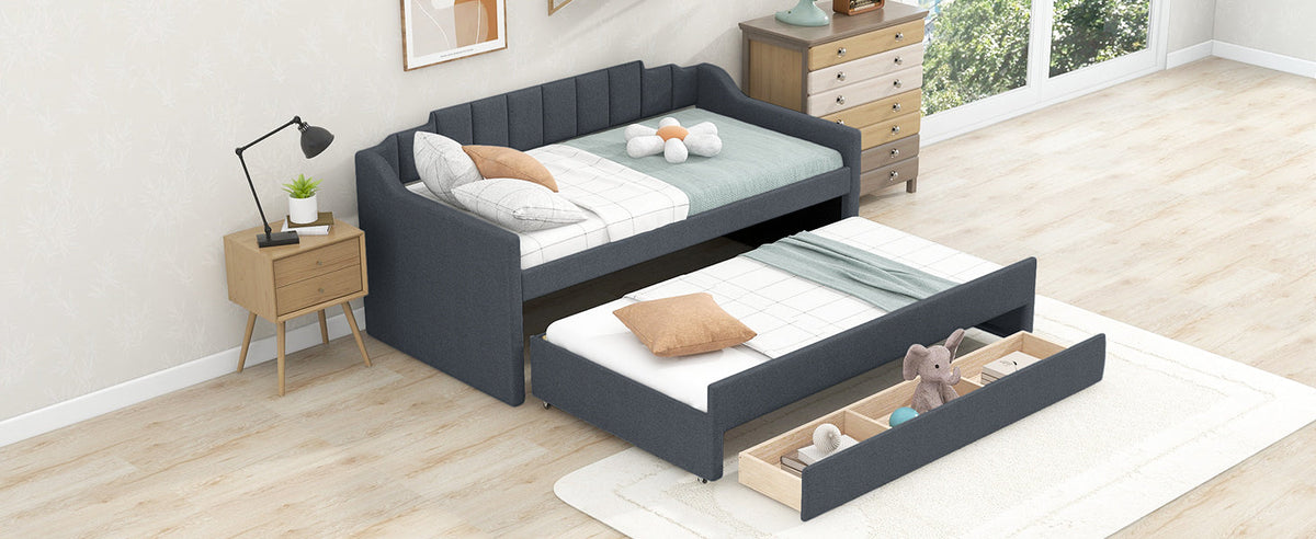 Twin Daybed with Trundle and Storage Drawers, Grey