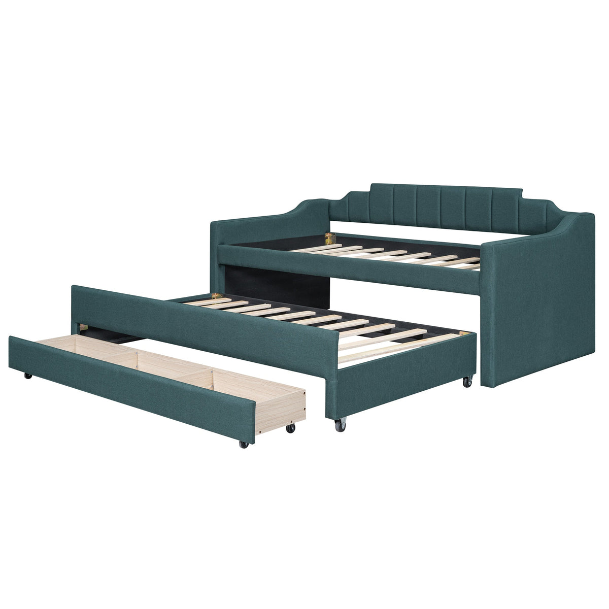 Twin Daybed with Trundle, Upholstered Teal Guest Bed