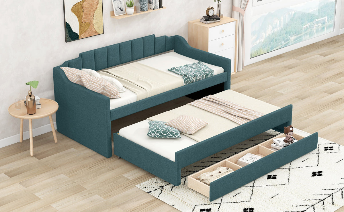 Twin Daybed with Trundle, Upholstered Teal Guest Bed