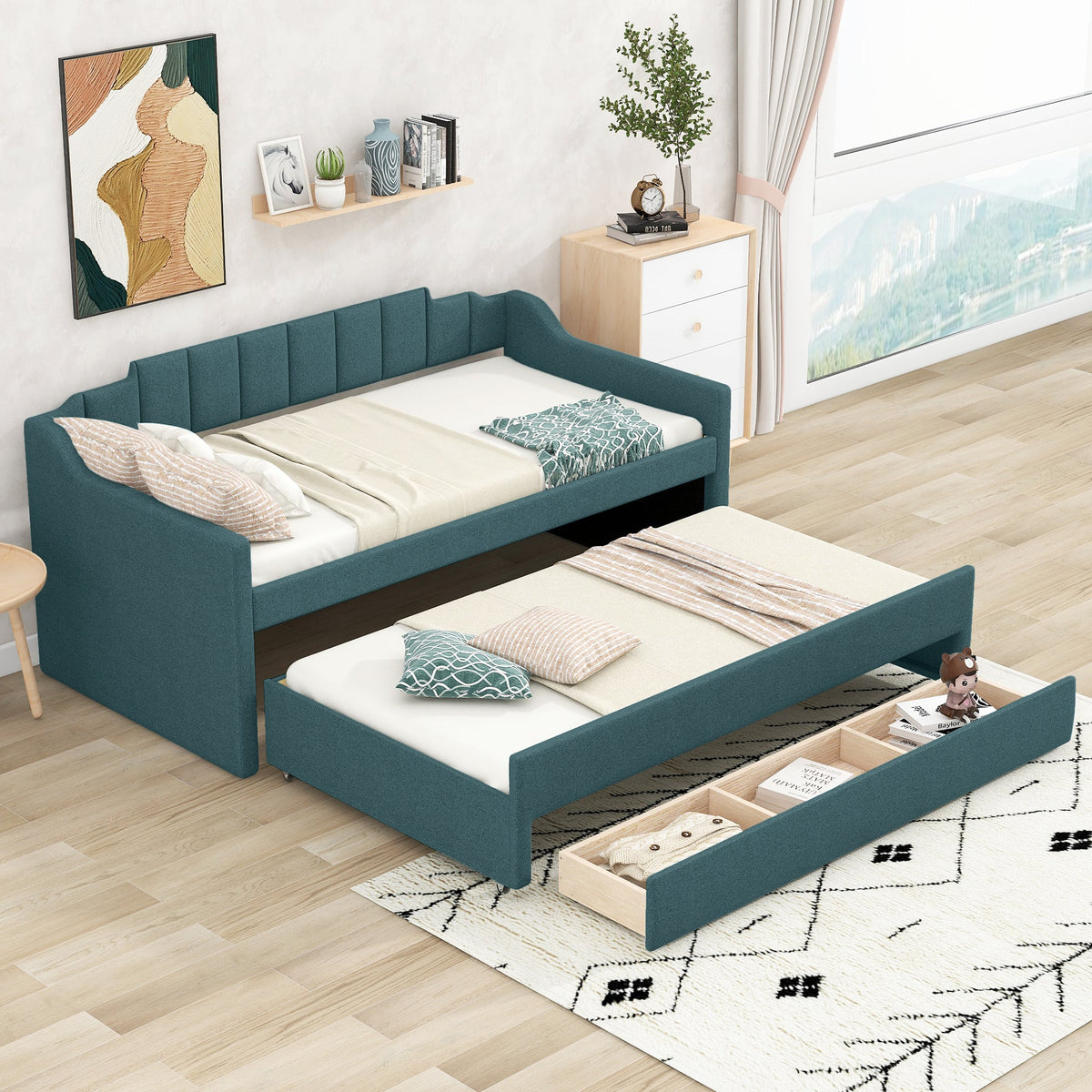 Twin Daybed with Trundle, Upholstered Teal Guest Bed