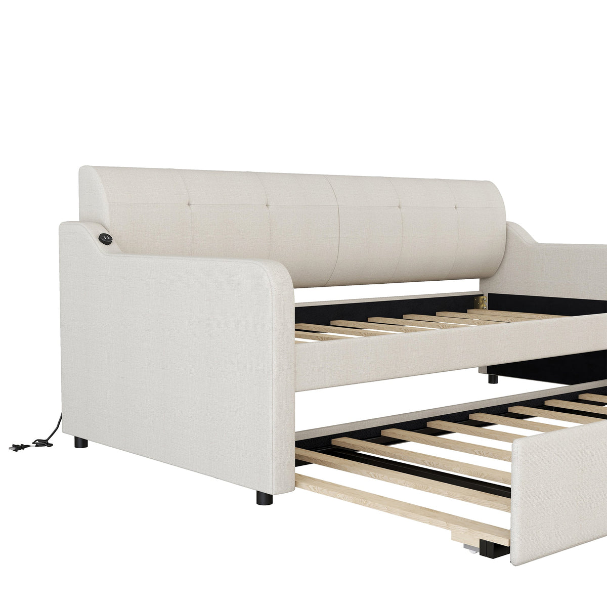 Twin Daybed with Trundle and USB Charging, Beige Linen