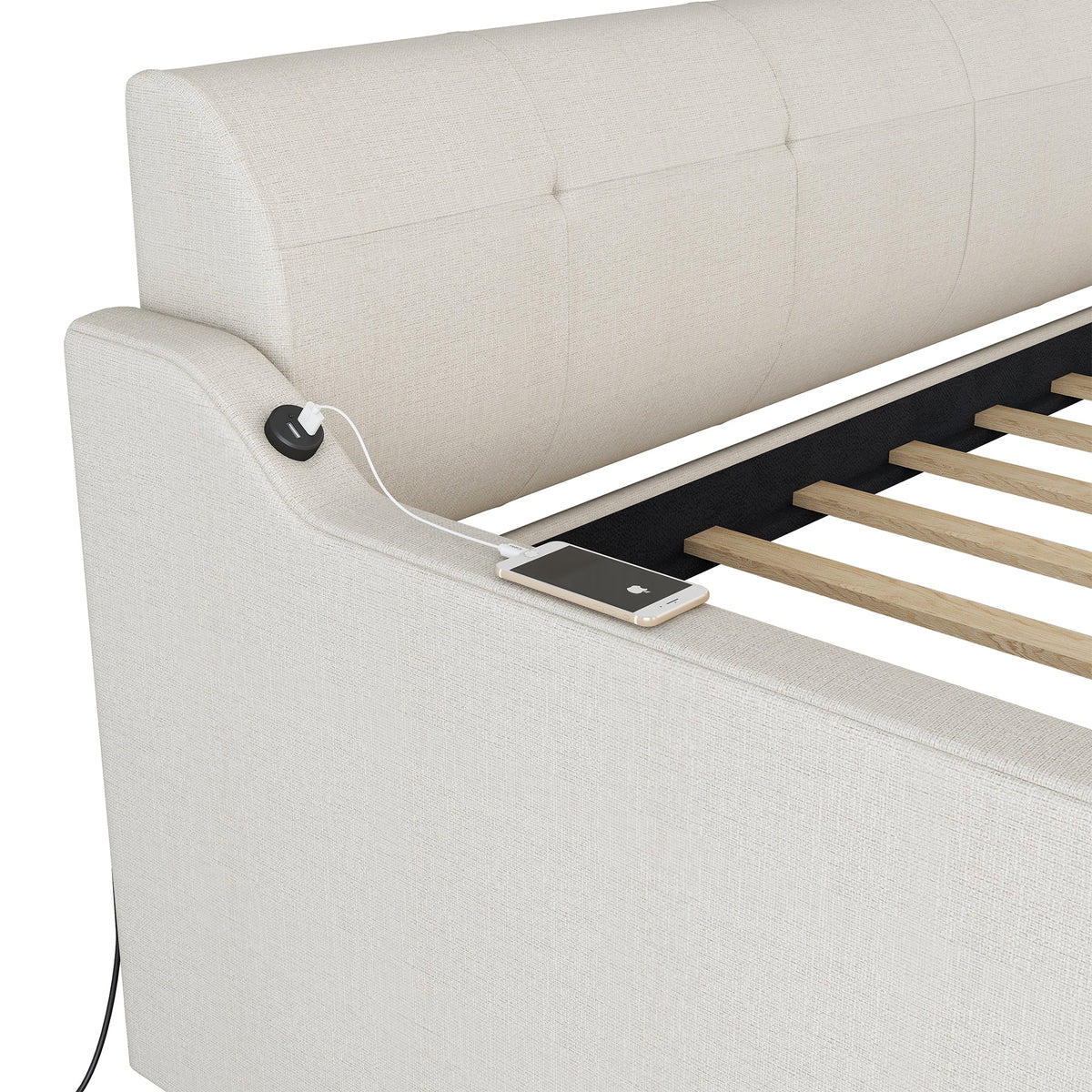 Twin Daybed with Trundle and USB Charging, Beige Linen