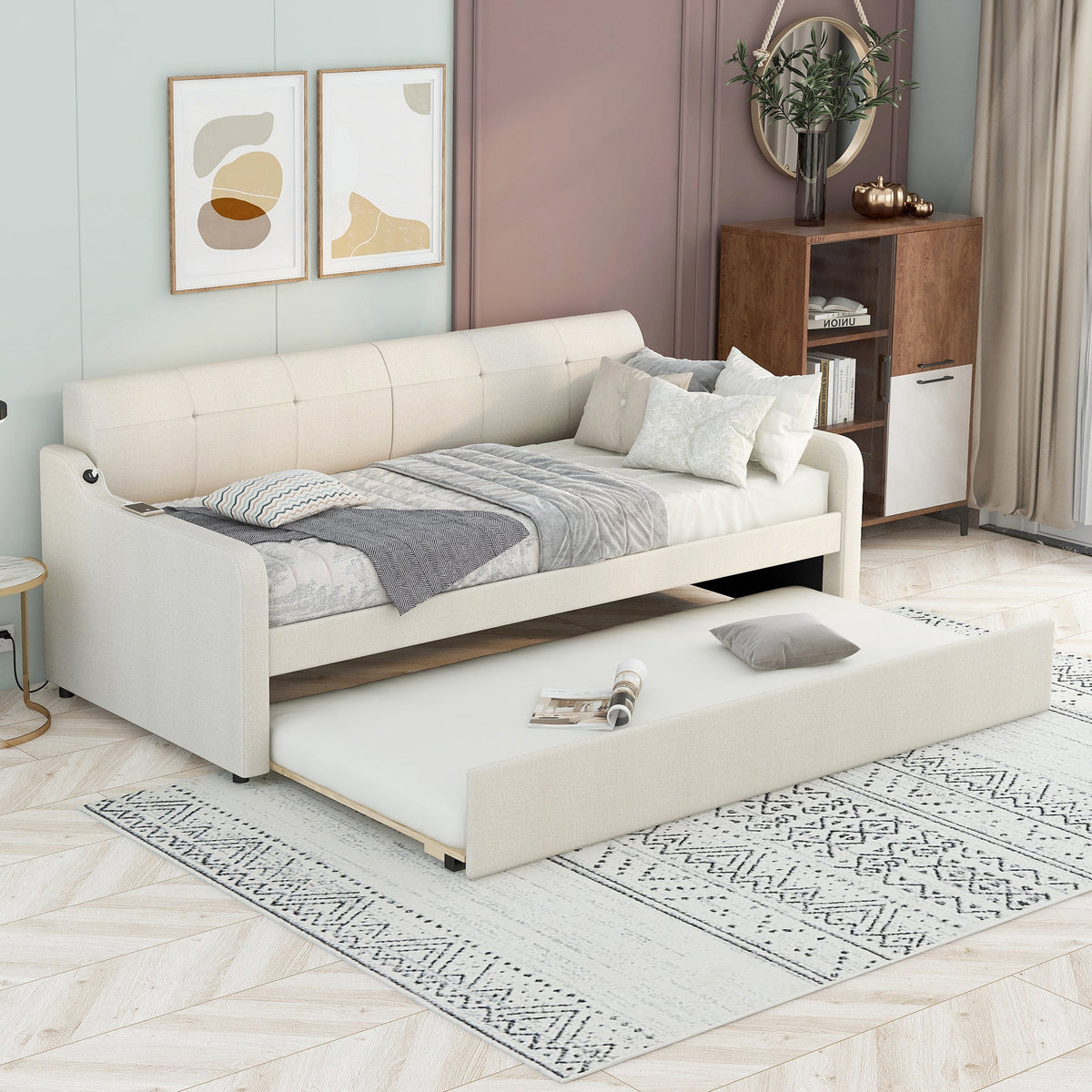 Twin Daybed with Trundle and USB Charging, Beige Linen