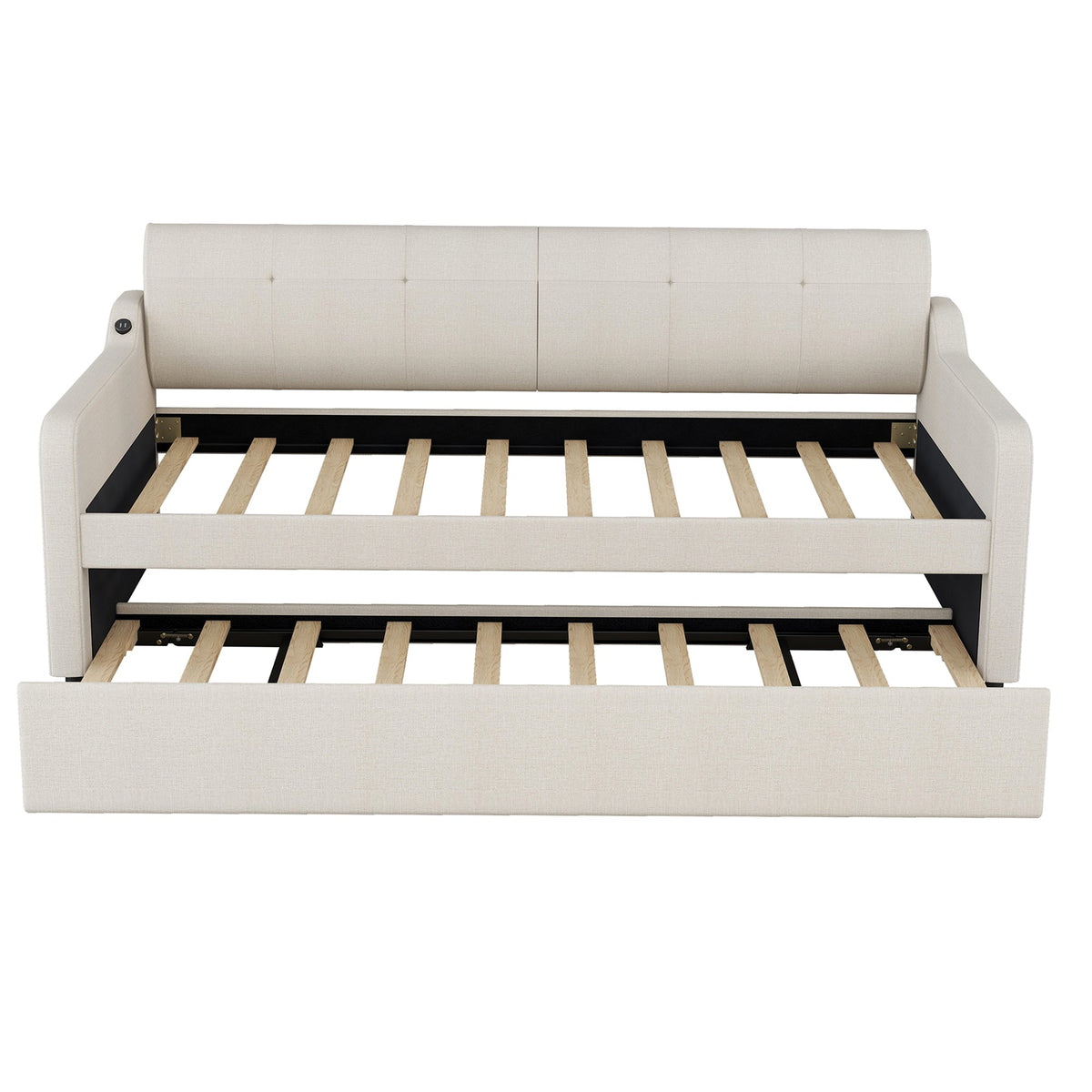 Twin Daybed with Trundle and USB Charging, Beige Linen