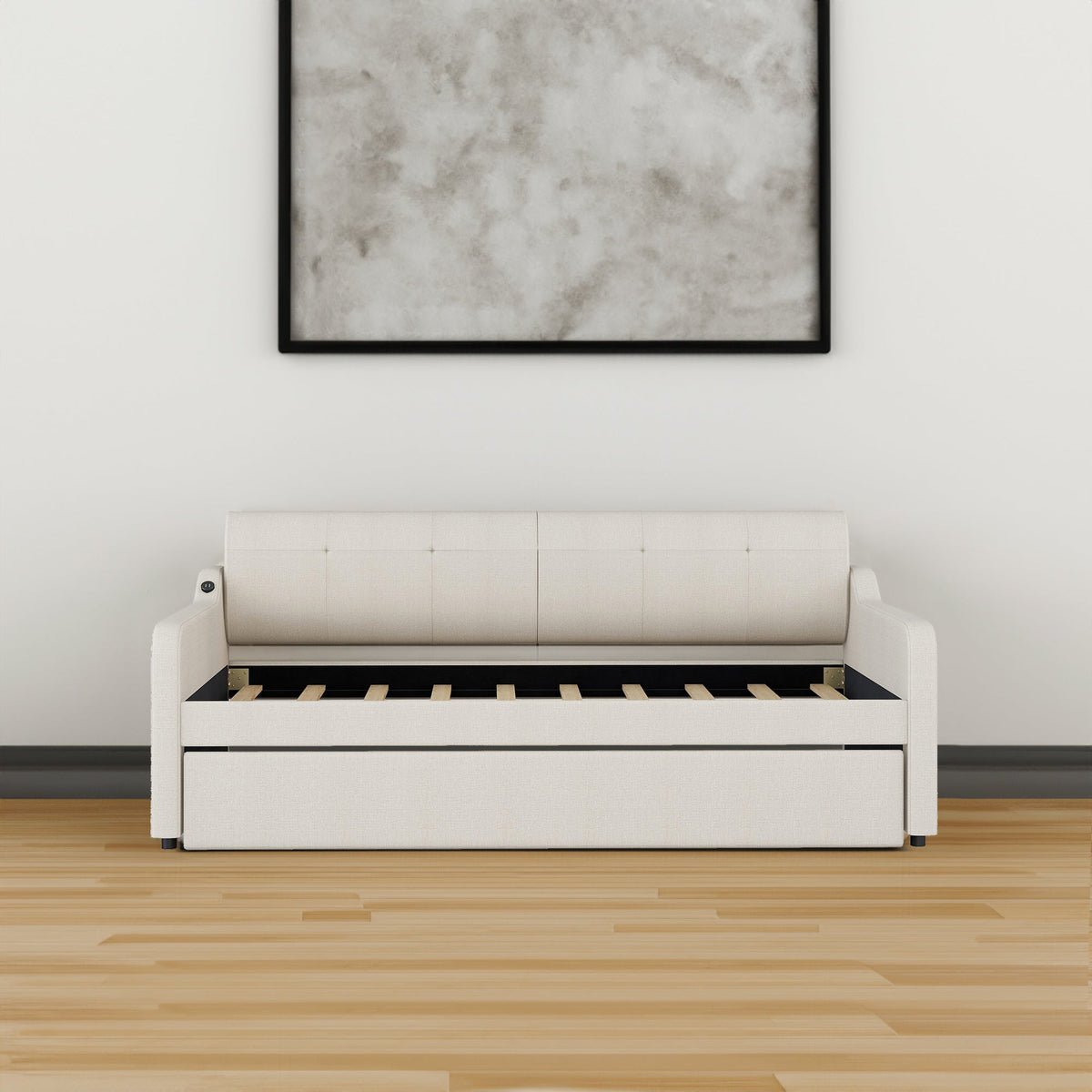 Twin Daybed with Trundle and USB Charging, Beige Linen