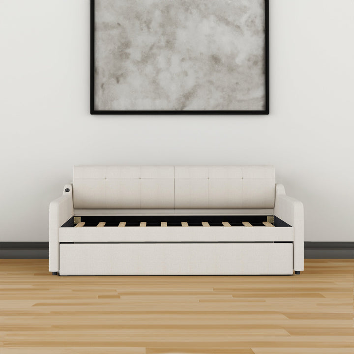 Twin Daybed with Trundle and USB Charging, Beige Linen