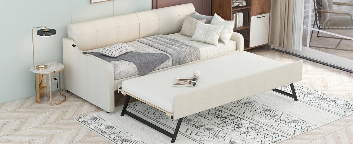 Twin Daybed with Trundle and USB Charging, Beige Linen
