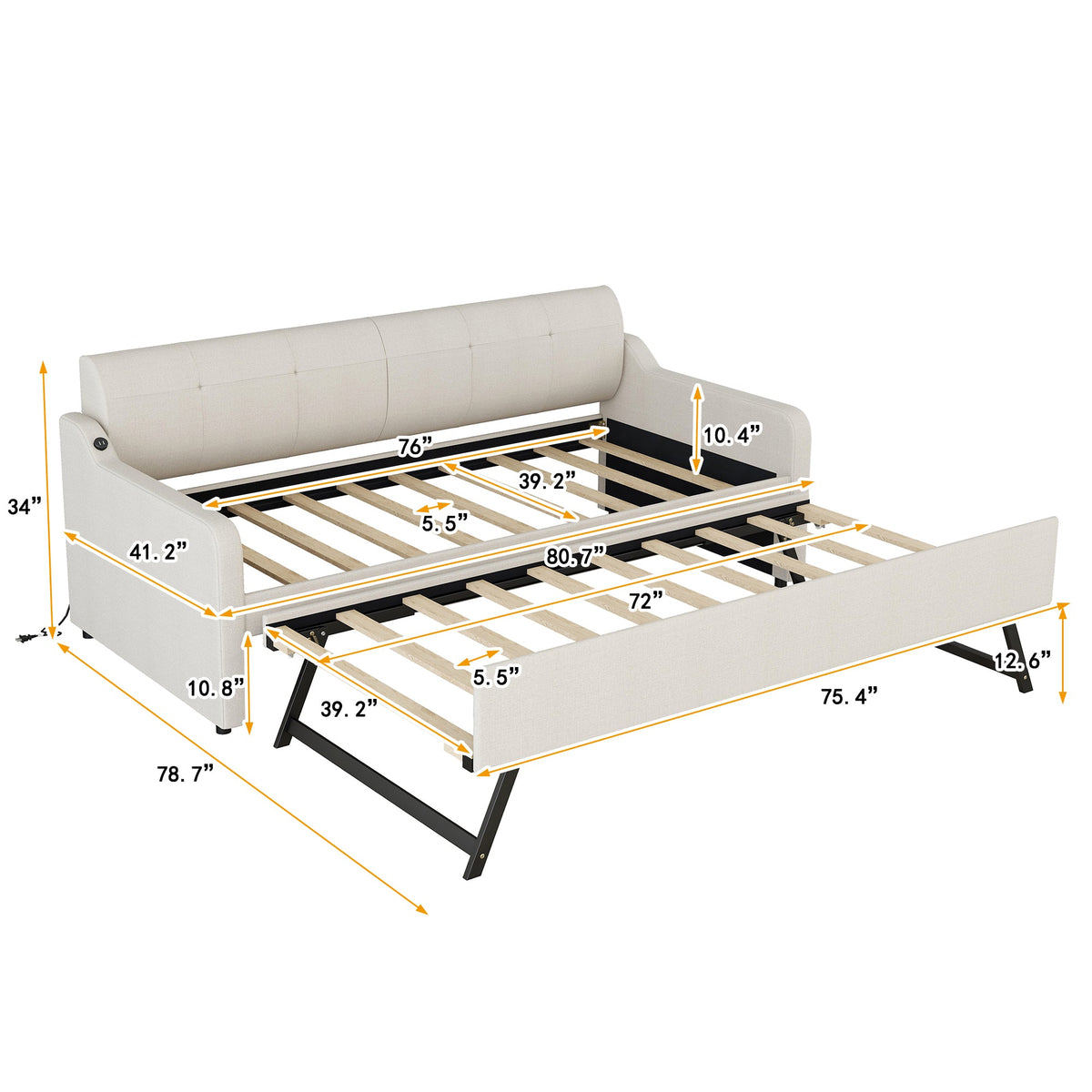 Twin Daybed with Trundle and USB Charging, Beige Linen
