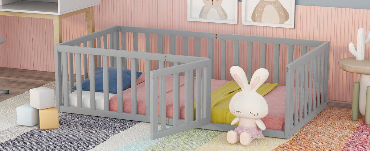 Twin Wood Daybed Frame with Safety Fence and Gate Gray