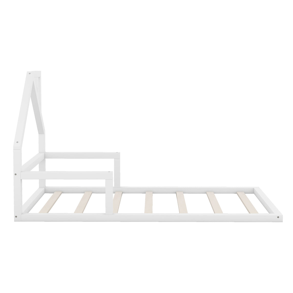 Twin Low Floor Bed for Kids with House Headboard, White