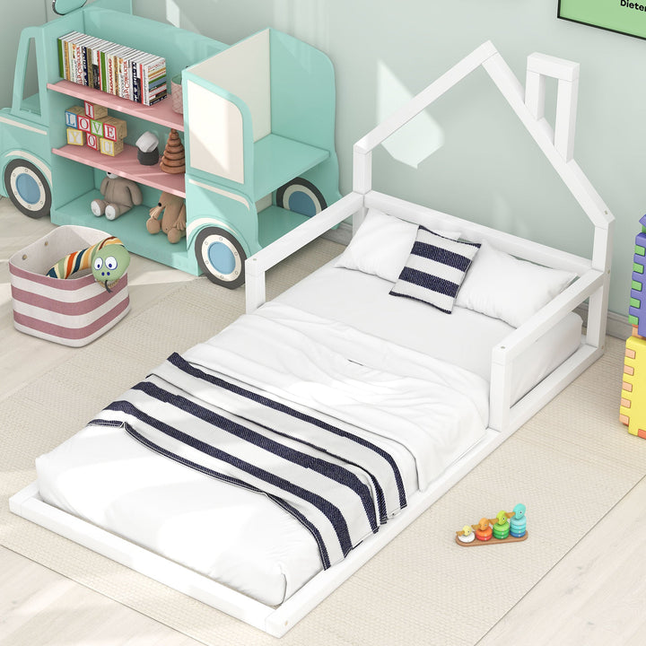 Twin Low Floor Bed for Kids with House Headboard, White