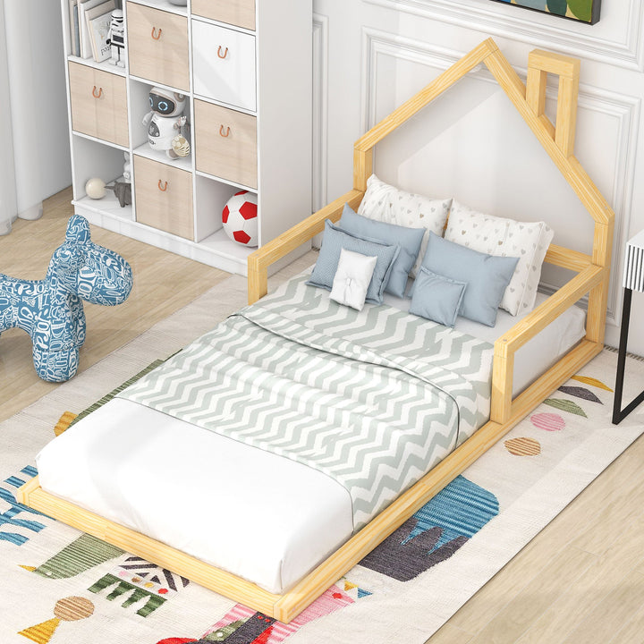 Low Twin Wood Floor Bed with House Headboard for Kids