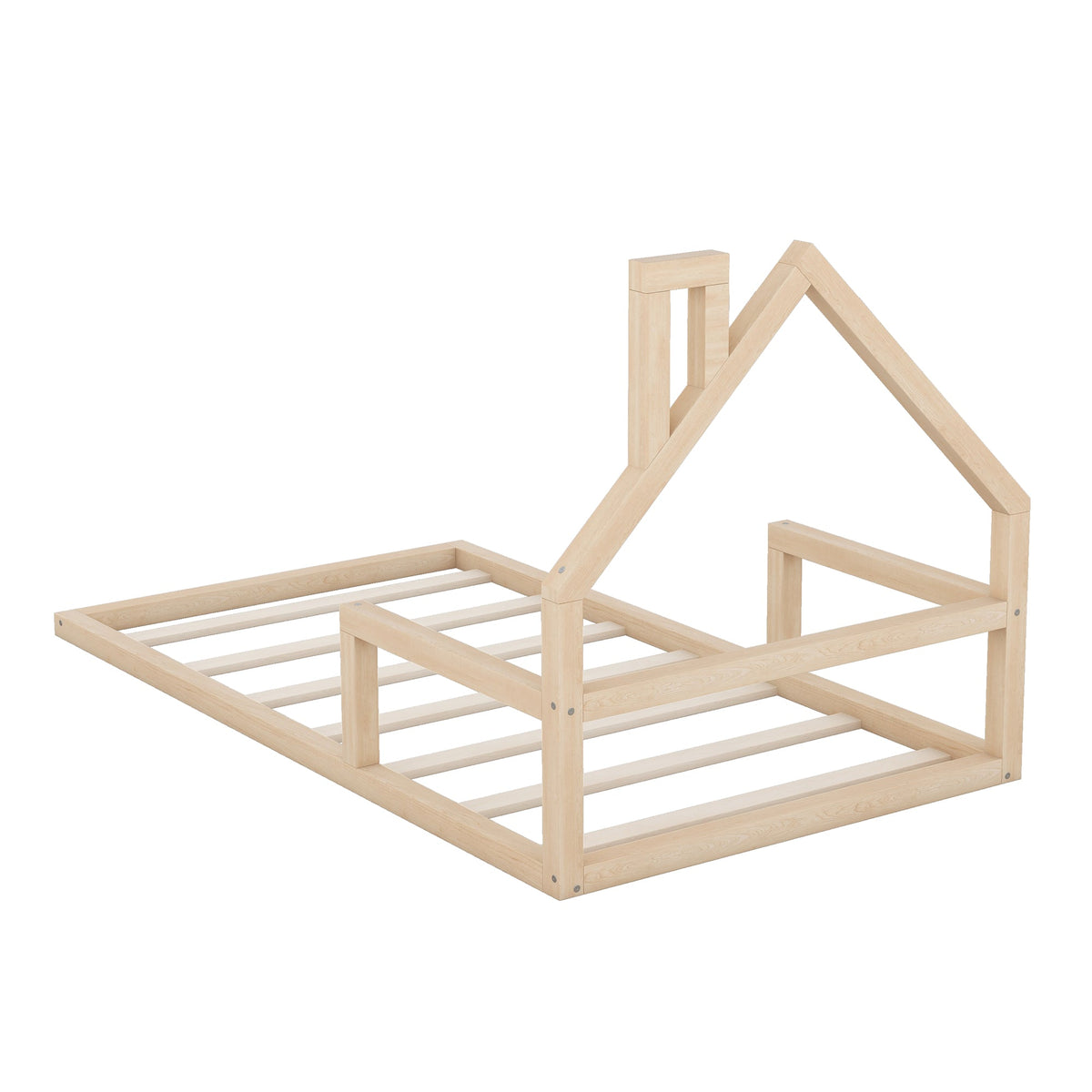 Low Twin Wood Floor Bed with House Headboard for Kids