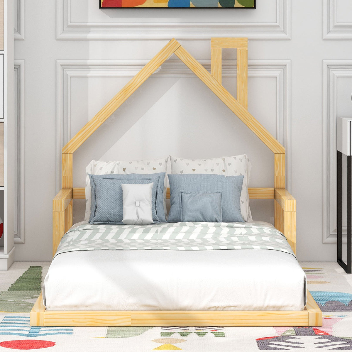 Low Twin Wood Floor Bed with House Headboard for Kids