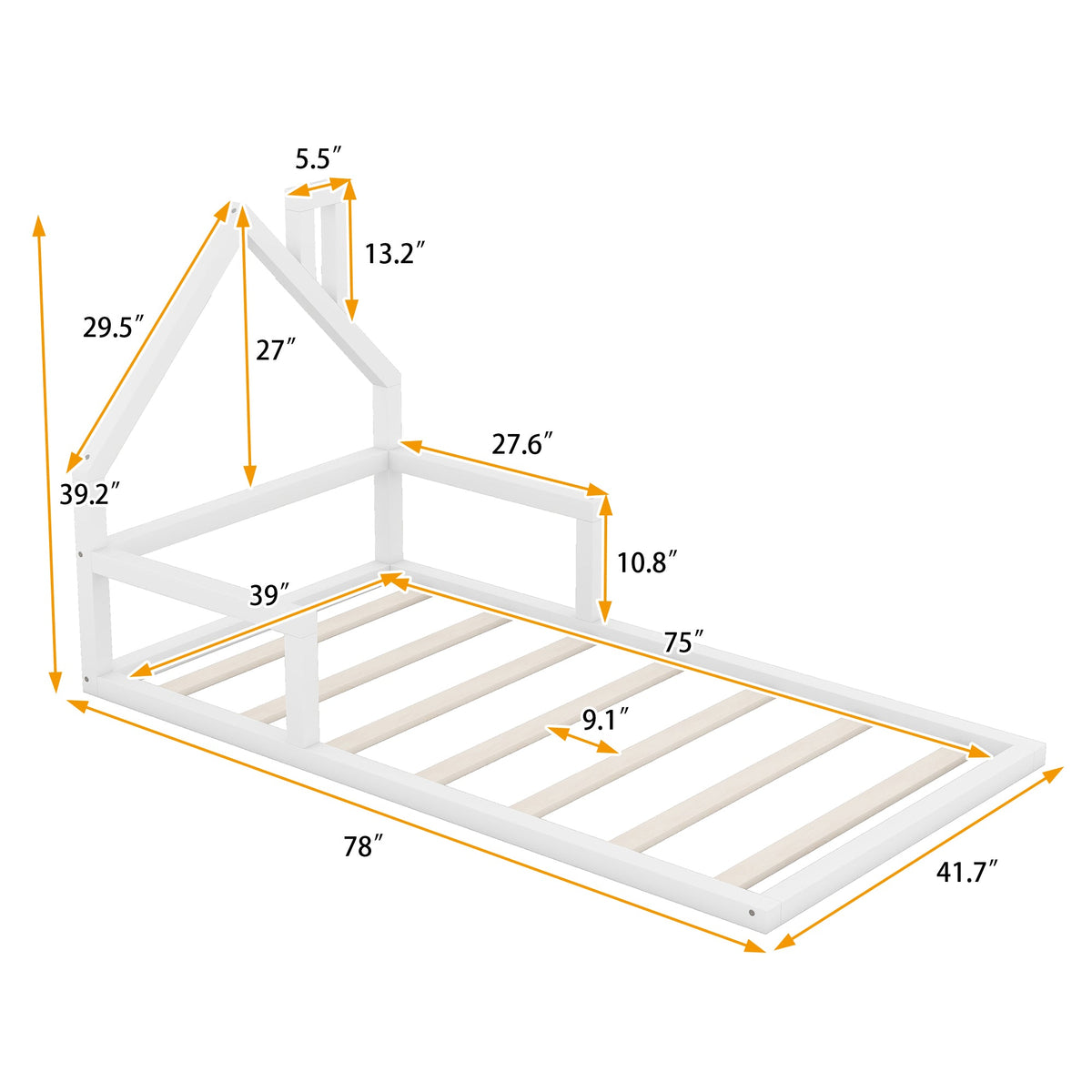 Twin Low Floor Bed for Kids with House Headboard, White