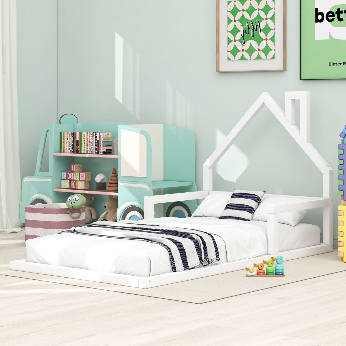 Twin Low Floor Bed for Kids with House Headboard, White