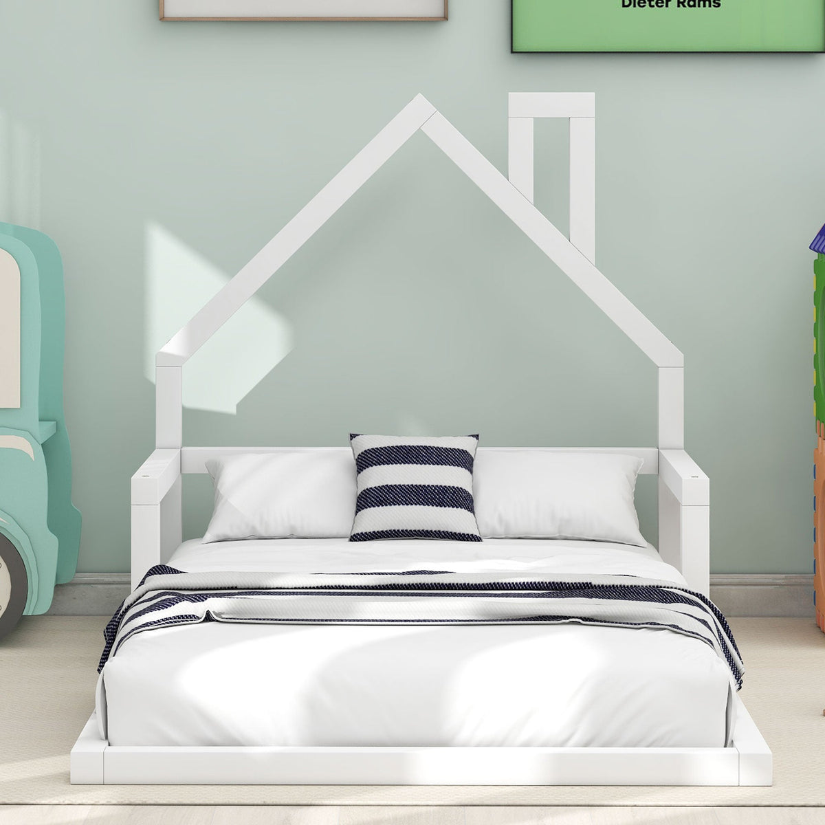 Twin Low Floor Bed for Kids with House Headboard, White