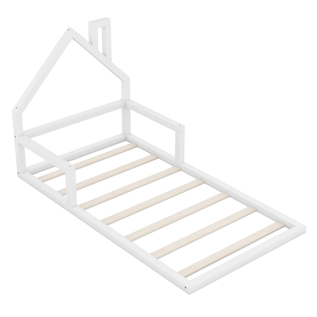 Twin Low Floor Bed for Kids with House Headboard, White
