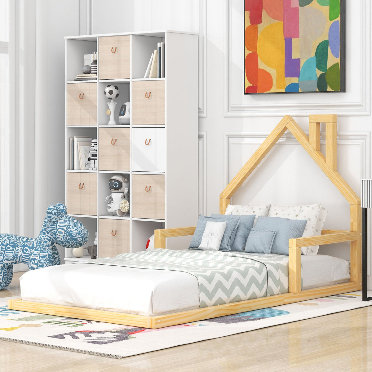 Low Twin Wood Floor Bed with House Headboard for Kids