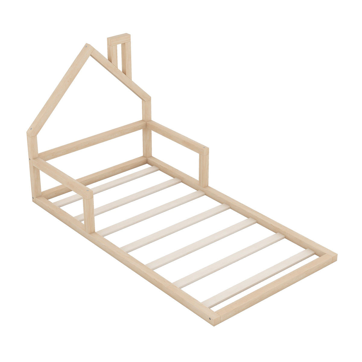 Low Twin Wood Floor Bed with House Headboard for Kids