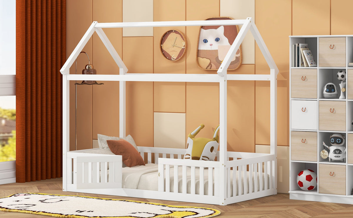 Twin Wood House Bed for Kids with Guard Rails and Door