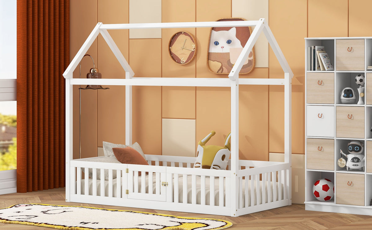Twin Wood House Bed for Kids with Guard Rails and Door