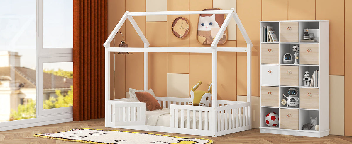 Twin Wood House Bed for Kids with Guard Rails and Door