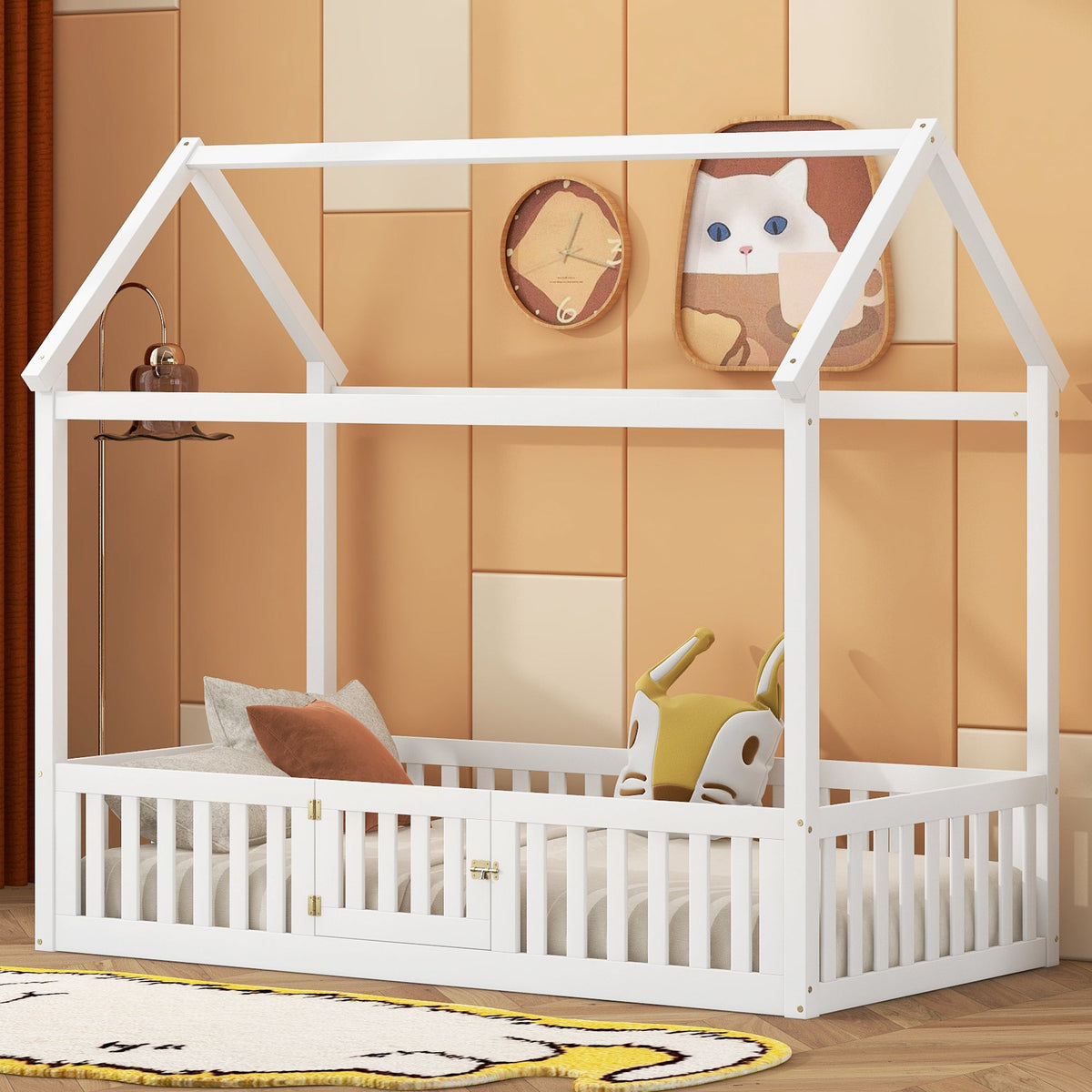 Twin Wood House Bed for Kids with Guard Rails and Door