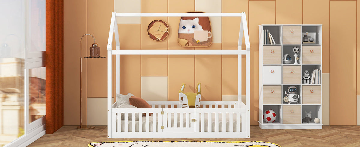 Twin Wood House Bed for Kids with Guard Rails and Door