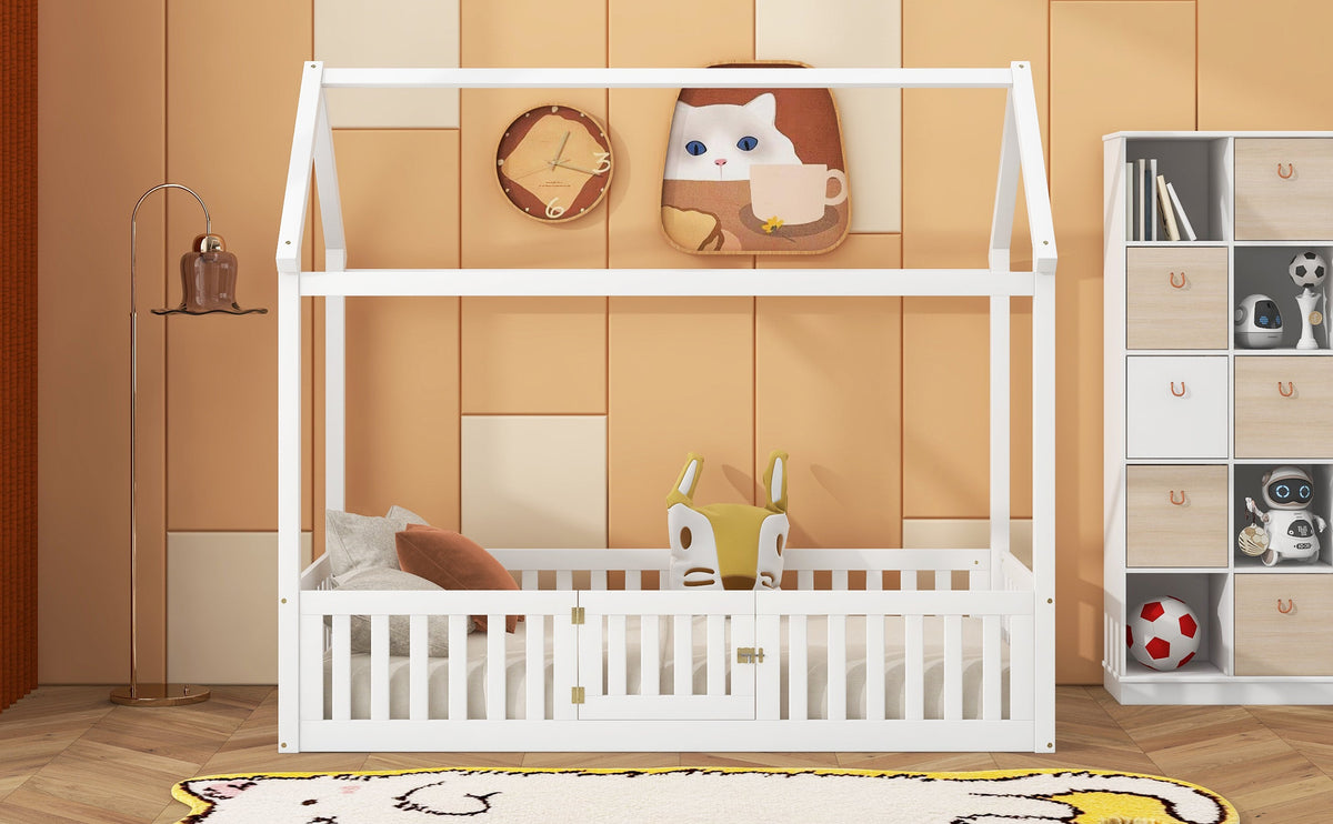 Twin Wood House Bed for Kids with Guard Rails and Door